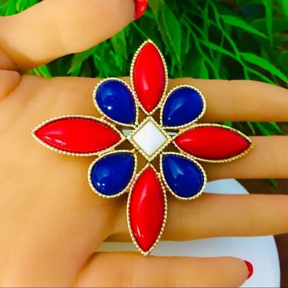 Vintage EMMONS Gold Maltese CROSS Shape Brooch Colorful Red Blue White 4334